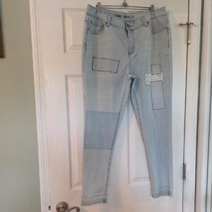 Indigo Thread Co Blue Lace Patchwork  Slightly Distressed Raw Hem Jeans 12